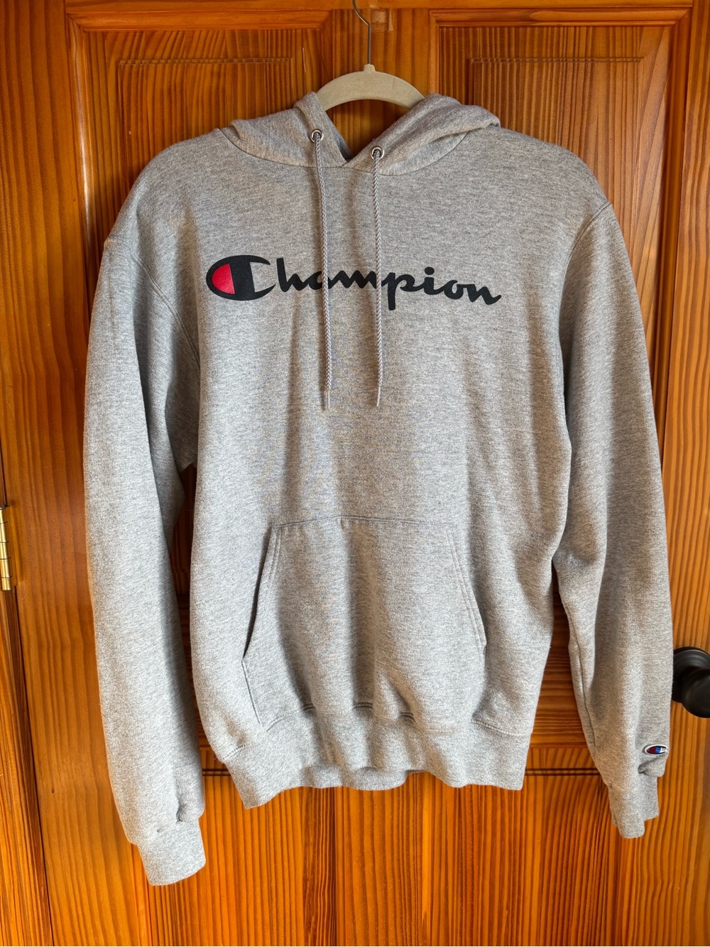 Champion Gray Logo Pullover Hoodie with Red Accent